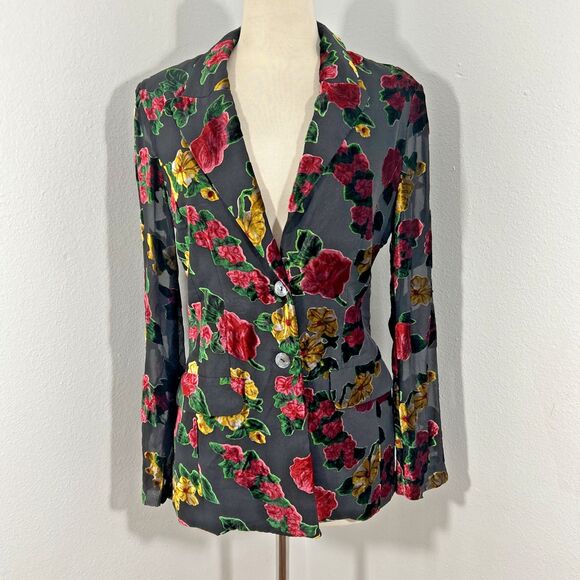 Monsoon Blazer Womens 6 Floral Velvet Burnout Flocked Two Button Preppy 90s